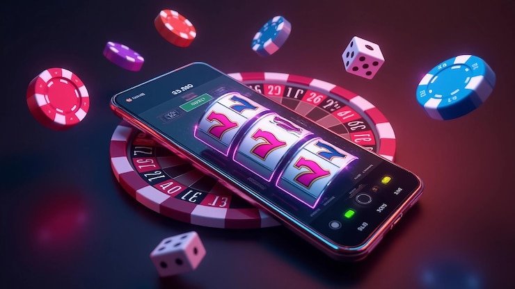 Ilustrasi slot mesin dengan simbol buah dan jackpot yang berwarna-warni